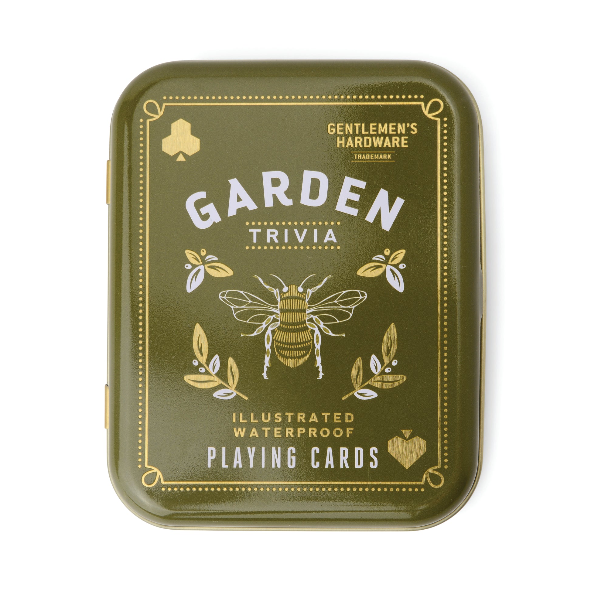 A green metal tin labeled Gardeners Tips Waterproof Playing Cards, featuring garden-themed illustrations, gold accents, and a bee on the lid—crafted from waterproof material for durability.