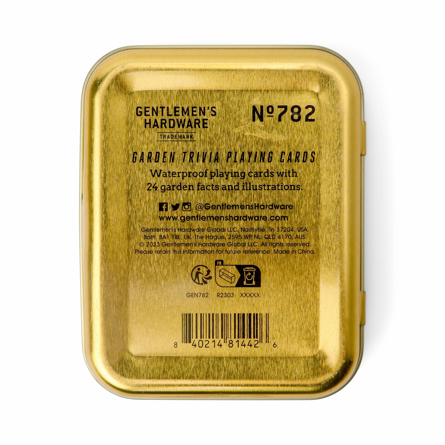 A gold tin labeled Gentlemens Hardware No. 782 contains Gardeners Tips Waterproof Playing Cards with garden-themed illustrations, 24 fun facts, and product/company details printed on the waterproof cards and label.