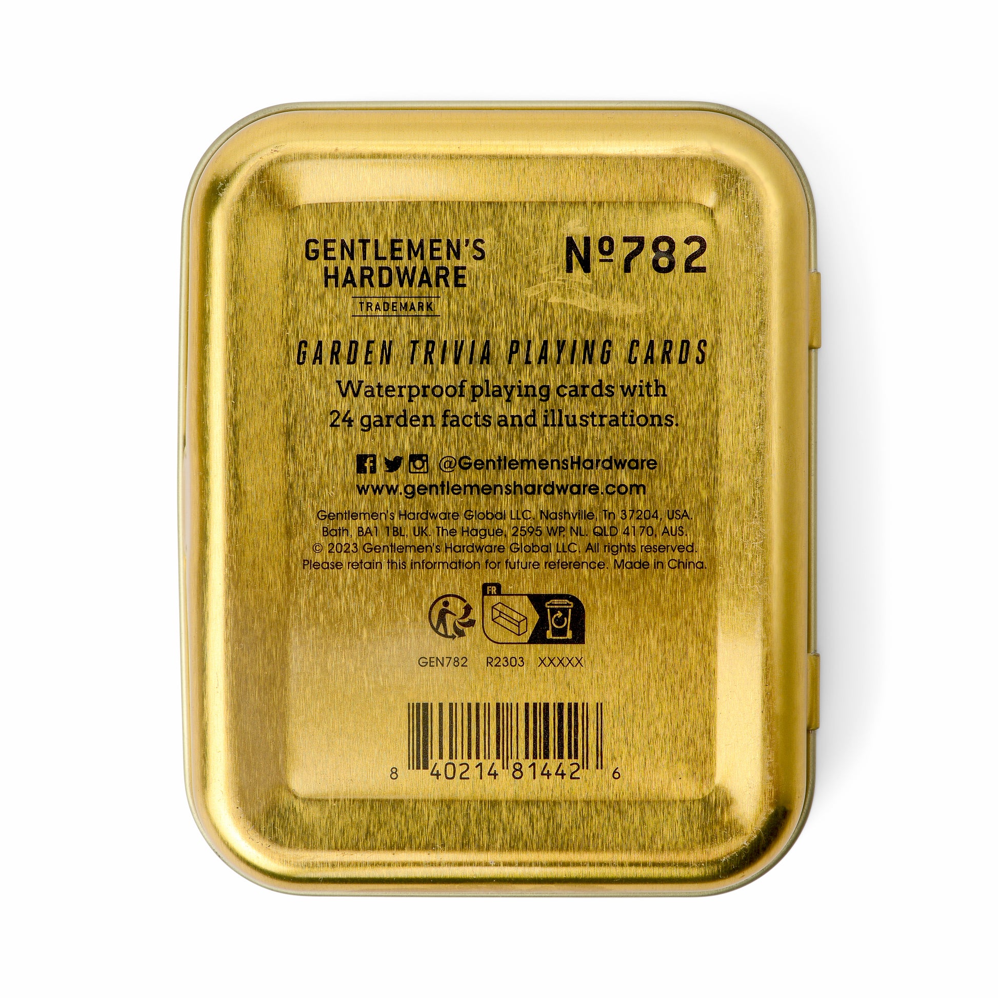 A gold tin labeled Gentlemens Hardware No. 782 contains Gardeners Tips Waterproof Playing Cards with garden-themed illustrations, 24 fun facts, and product/company details printed on the waterproof cards and label.