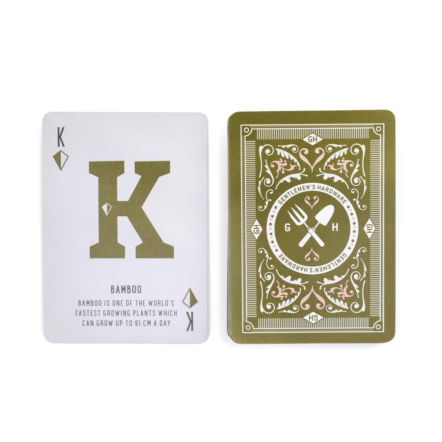 Two Gardeners Tips Waterproof Playing Cards: the front shows the King of Diamonds with a bamboo tip, and the back has a green-and-white garden-themed design featuring GH and crossed tools at the center.
