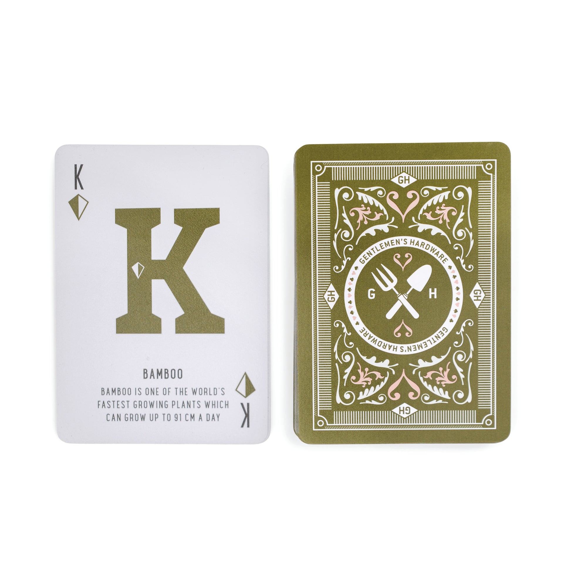 Two Gardeners Tips Waterproof Playing Cards: the front shows the King of Diamonds with a bamboo tip, and the back has a green-and-white garden-themed design featuring GH and crossed tools at the center.