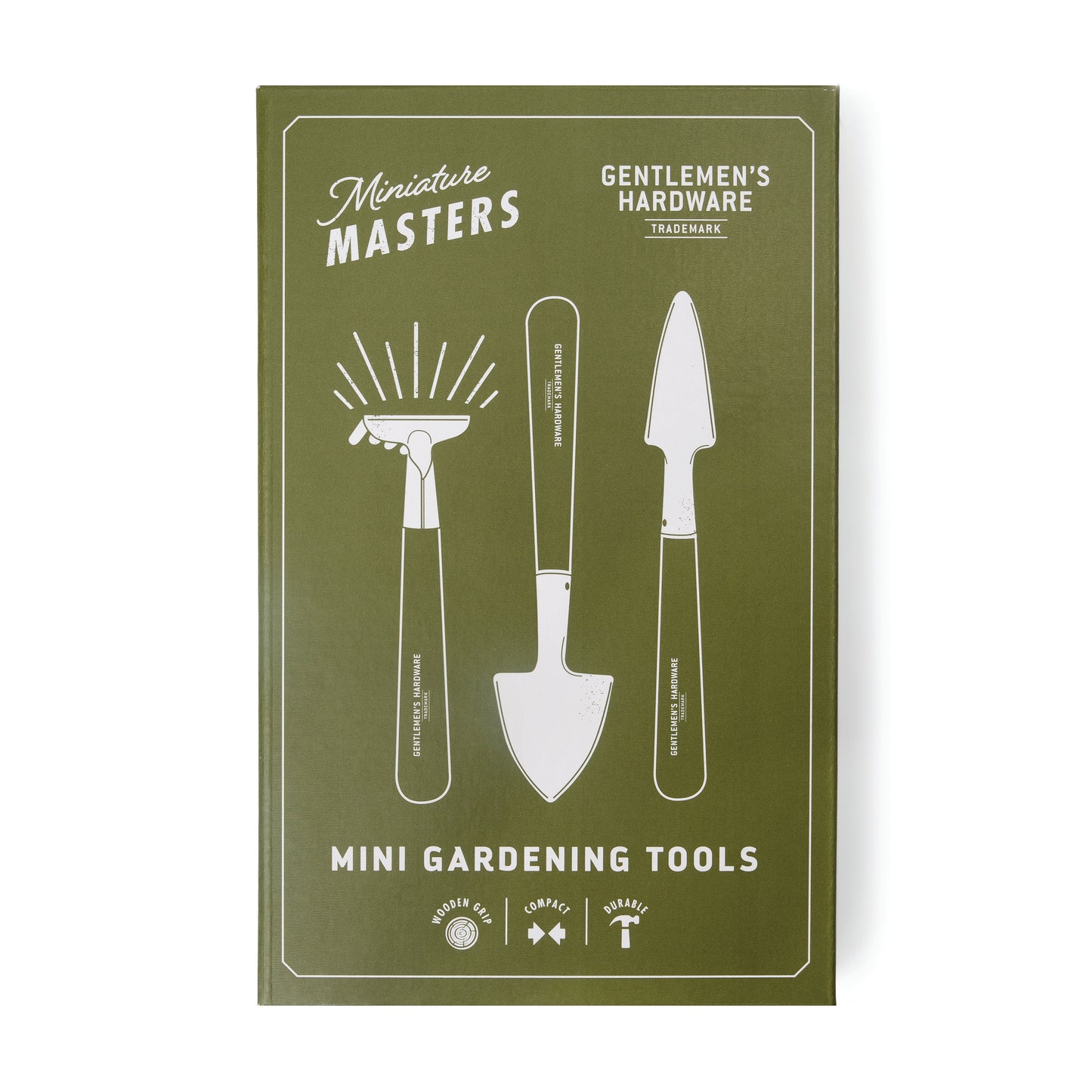 Box labeled Mini Garden Tools, featuring durable illustrations of a rake, trowel, and spade on a compact green background.