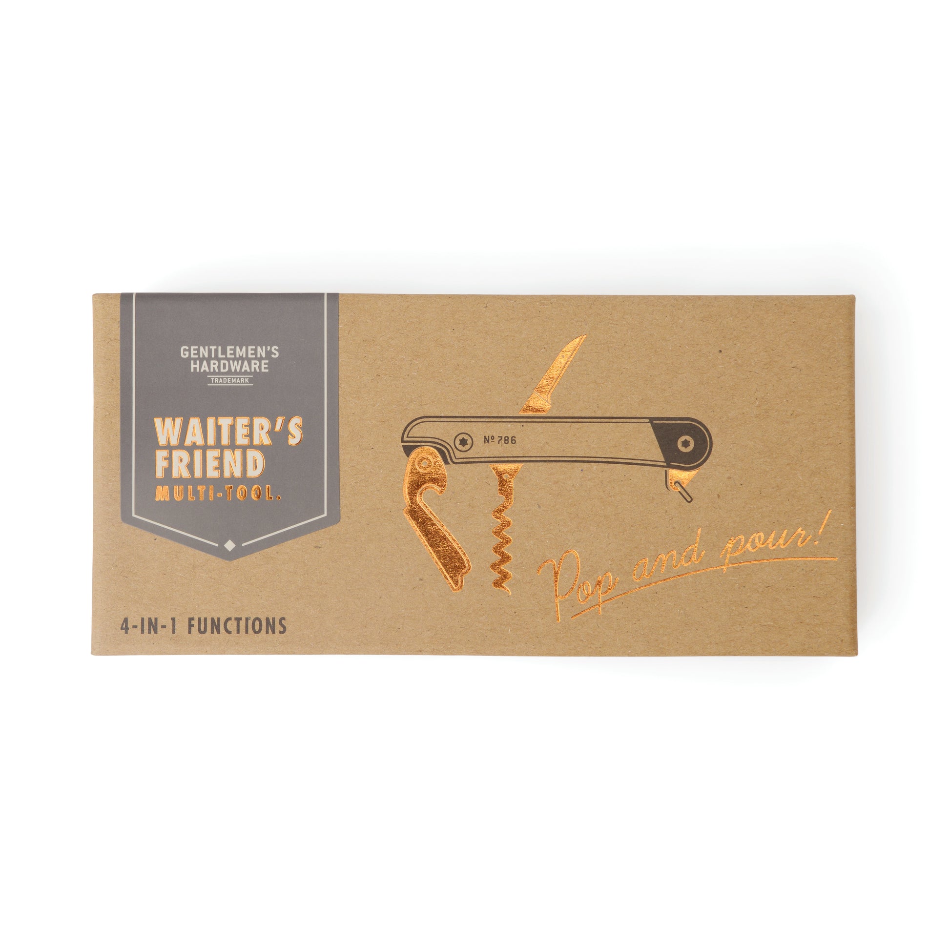 Rectangular brown Waiters Friend packaging with metallic illustrations and text, showcasing a corkscrew, bottle opener, and the slogan Pop and pour!.