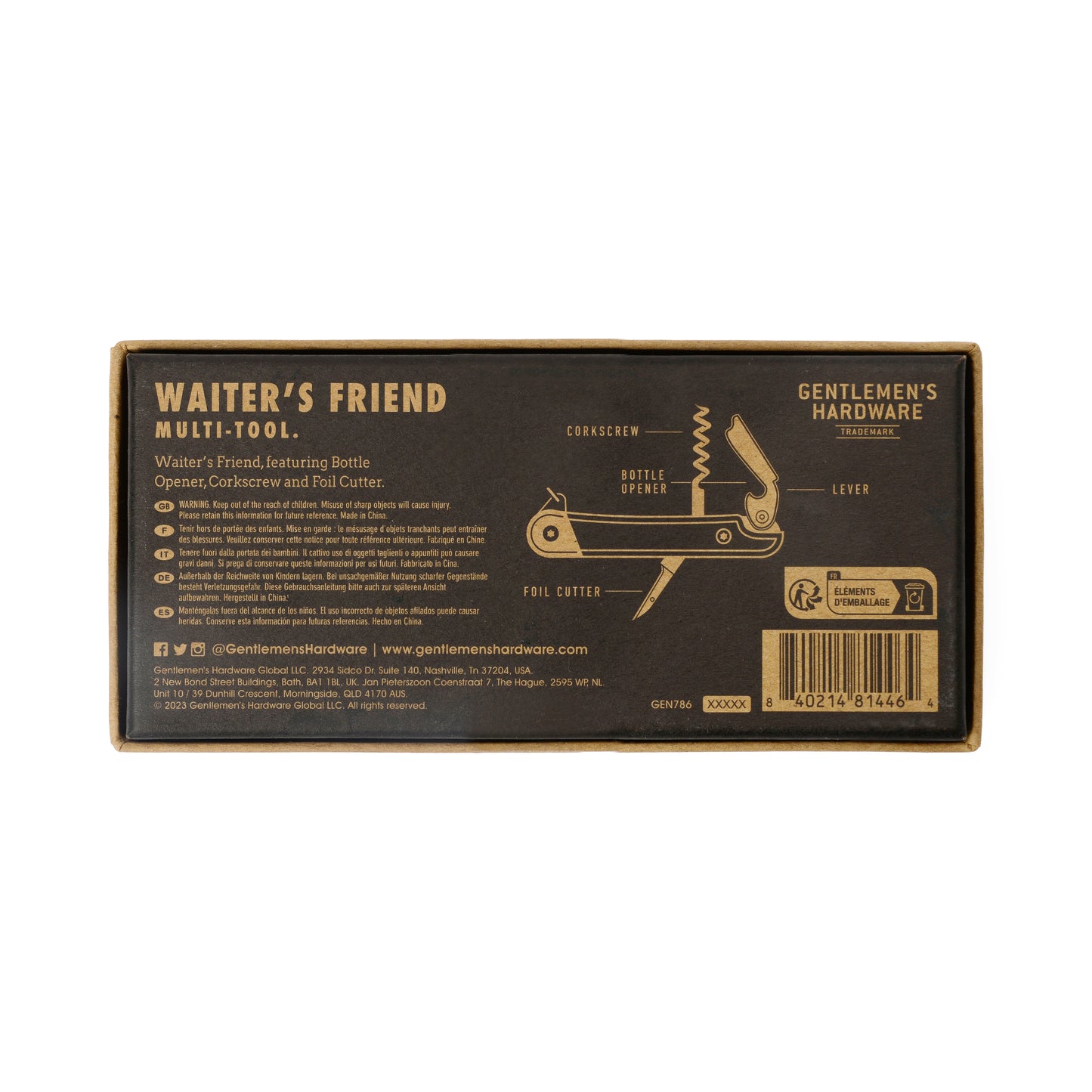 A box labeled Waiters Friend displays a diagram showcasing its corkscrew, bottle opener, lever, and foil cutter features, along with product and brand details.