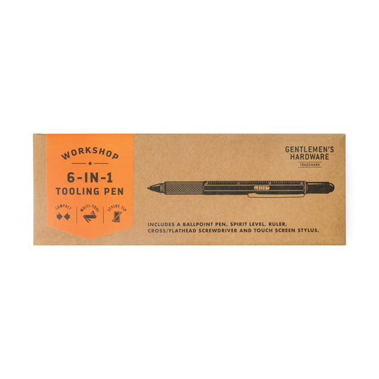 A rectangular brown box labeled Tooling Pen from Gentlemen’s Hardware, with an illustration of the pen and its six functions displayed on the front.