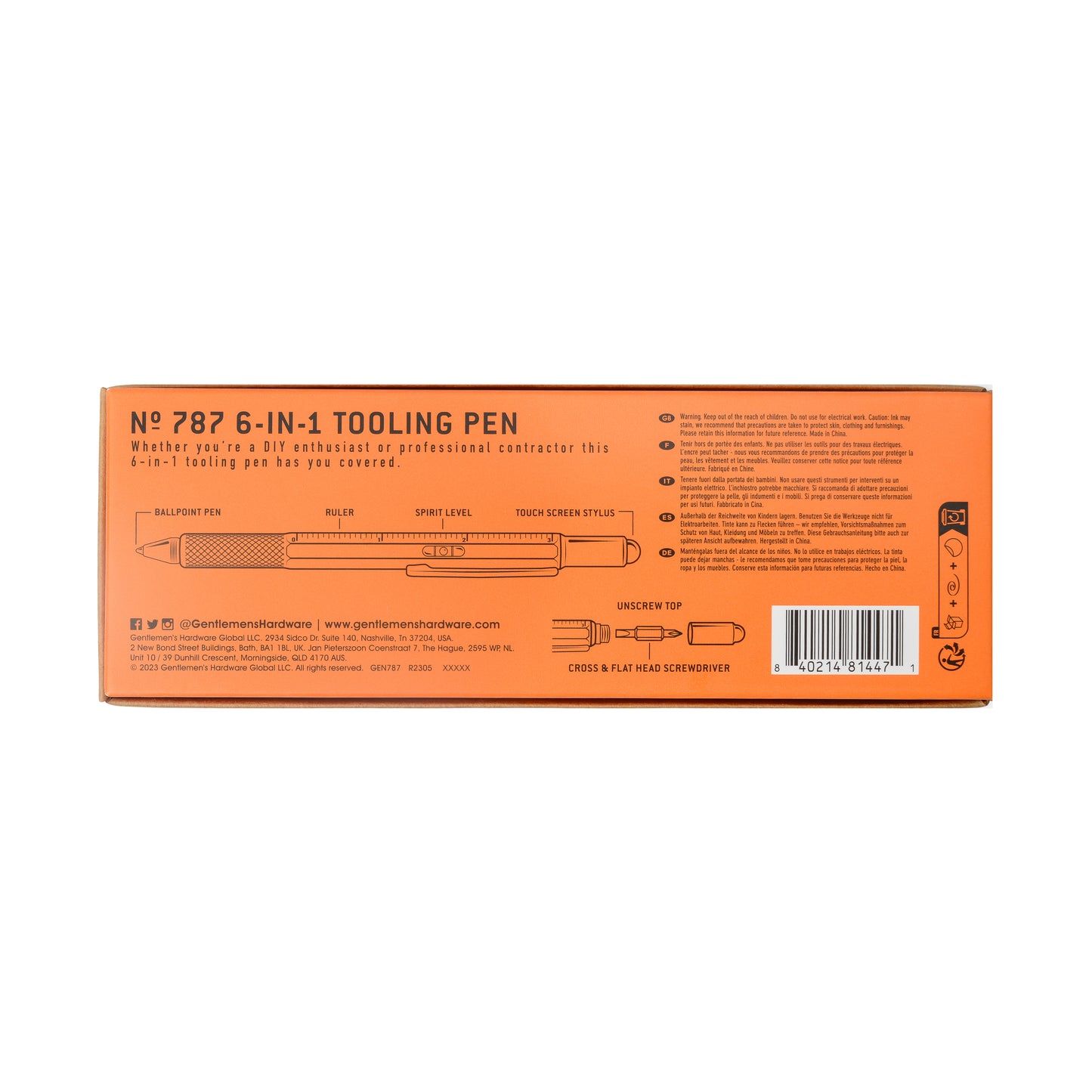 The Tooling Pen’s orange box (No. 787) highlights this versatile multi-tool with key features, diagrams, and a barcode on the back—making it the ideal portable tool for daily use.