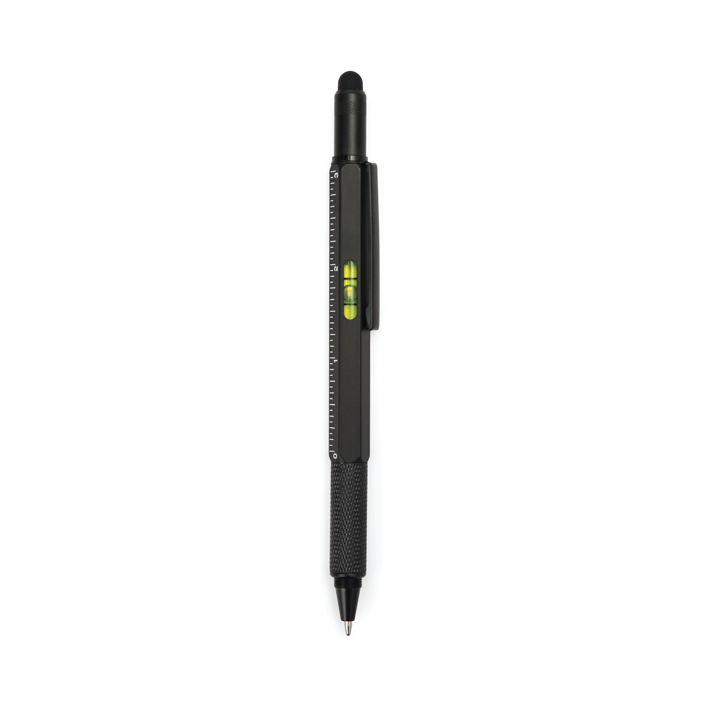 The Tooling Pen is a black 6-in-1 tool with a spirit level, ruler markings, stylus tip, and pocket clip, shown on a white background—making it a sleek, portable essential youll always want nearby.