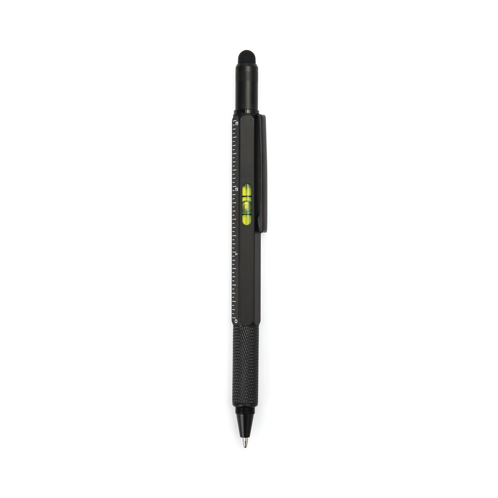 The Tooling Pen is a black 6-in-1 tool with a spirit level, ruler markings, stylus tip, and pocket clip, shown on a white background—making it a sleek, portable essential youll always want nearby.