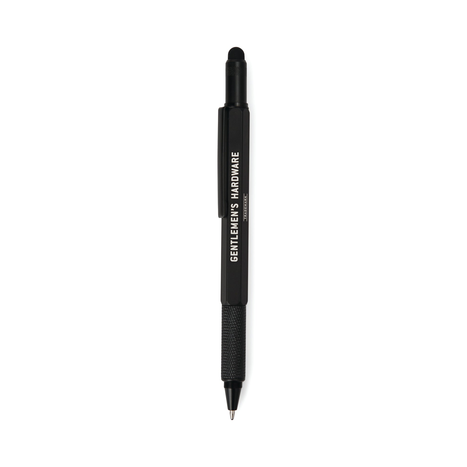 The Tooling Pen is a black retractable 6-in-1 multi-tool with a stylus tip and “GENTLEMANS HARDWARE” printed vertically on the barrel, making it a sleek and portable tool for everyday use.