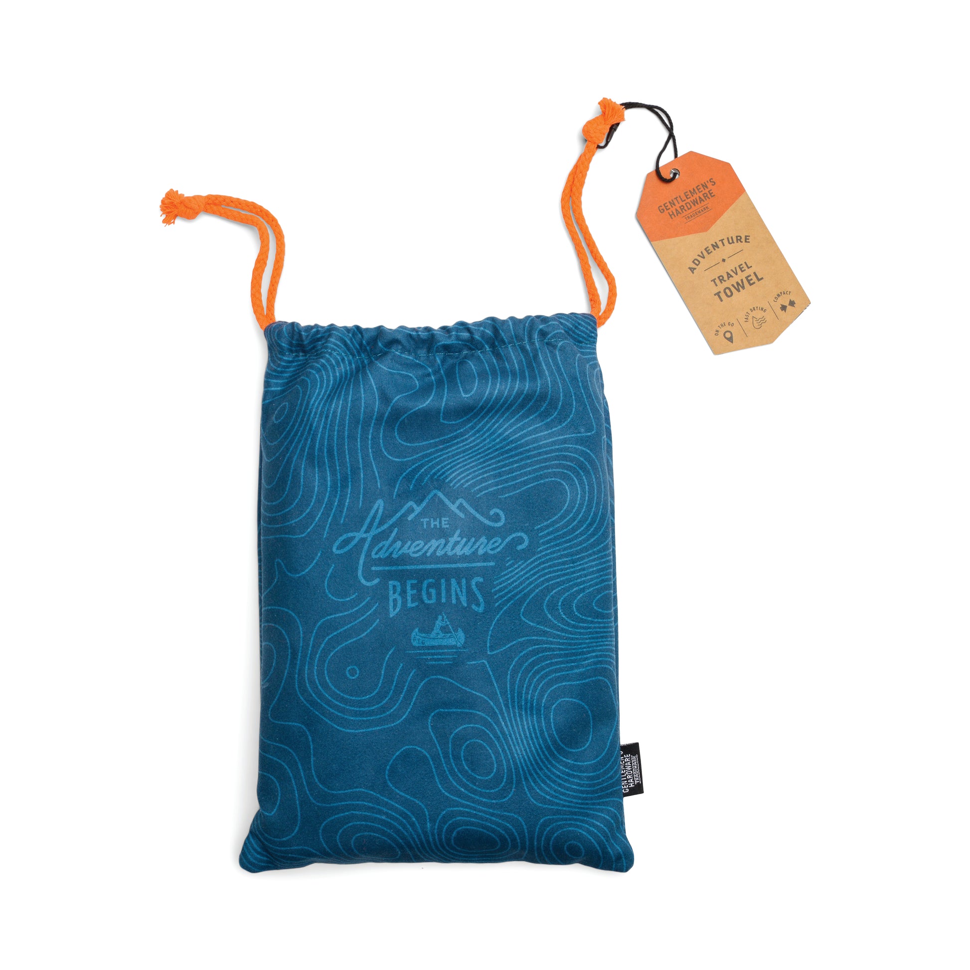 A blue drawstring pouch with topographic design, orange strings, and a Travel Towel tag features The adventure begins on the front—ideal as a compact camping towel for your next journey.