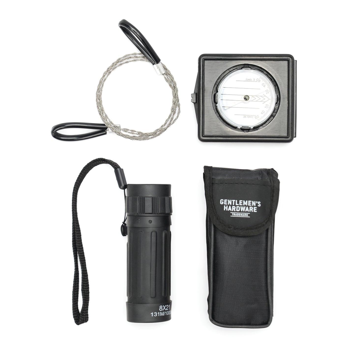 Tackle uncharted terrain with the Explorer Kit—featuring a wire saw, compass, black monocular with wrist strap, and a sleek Gentlemen’s Hardware case—must-have gear for any outdoor adventure.
