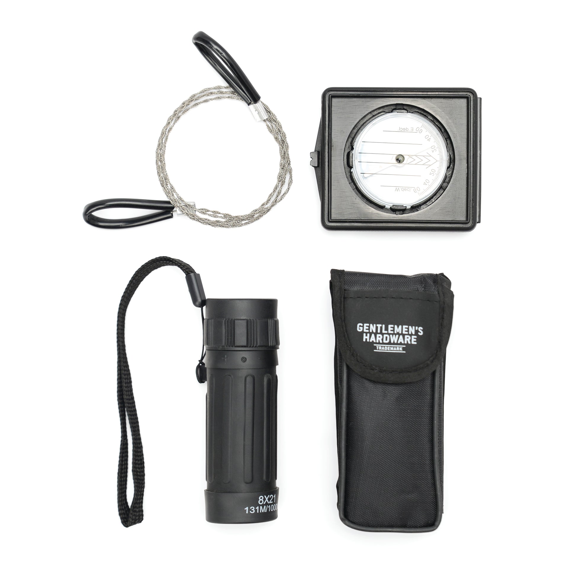 Tackle uncharted terrain with the Explorer Kit—featuring a wire saw, compass, black monocular with wrist strap, and a sleek Gentlemen’s Hardware case—must-have gear for any outdoor adventure.