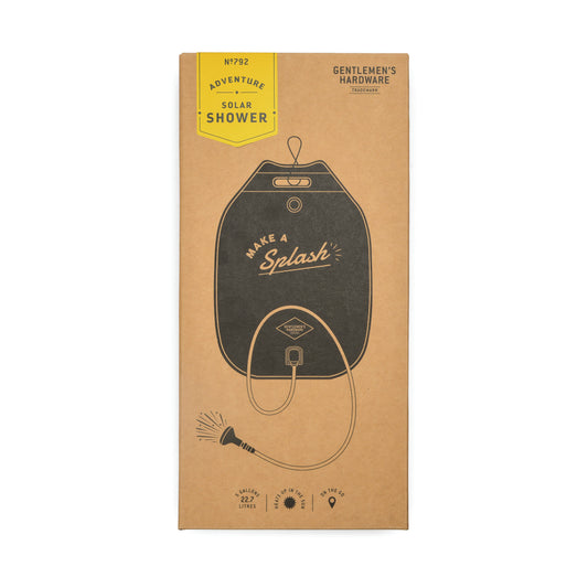 Packaging for a Portable Solar Shower highlights its 22-liter capacity, convenient solar heating, and an illustration of the shower—ideal for camping trips.