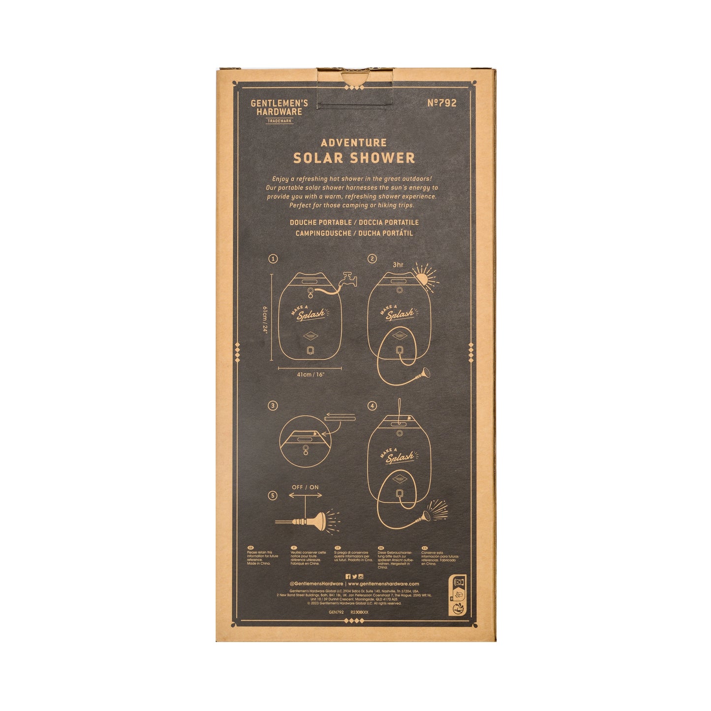 Rectangular cardboard box featuring instructions and diagrams for a Portable Solar Shower printed in white on the front—an ideal portable shower solution for your next camping trip.
