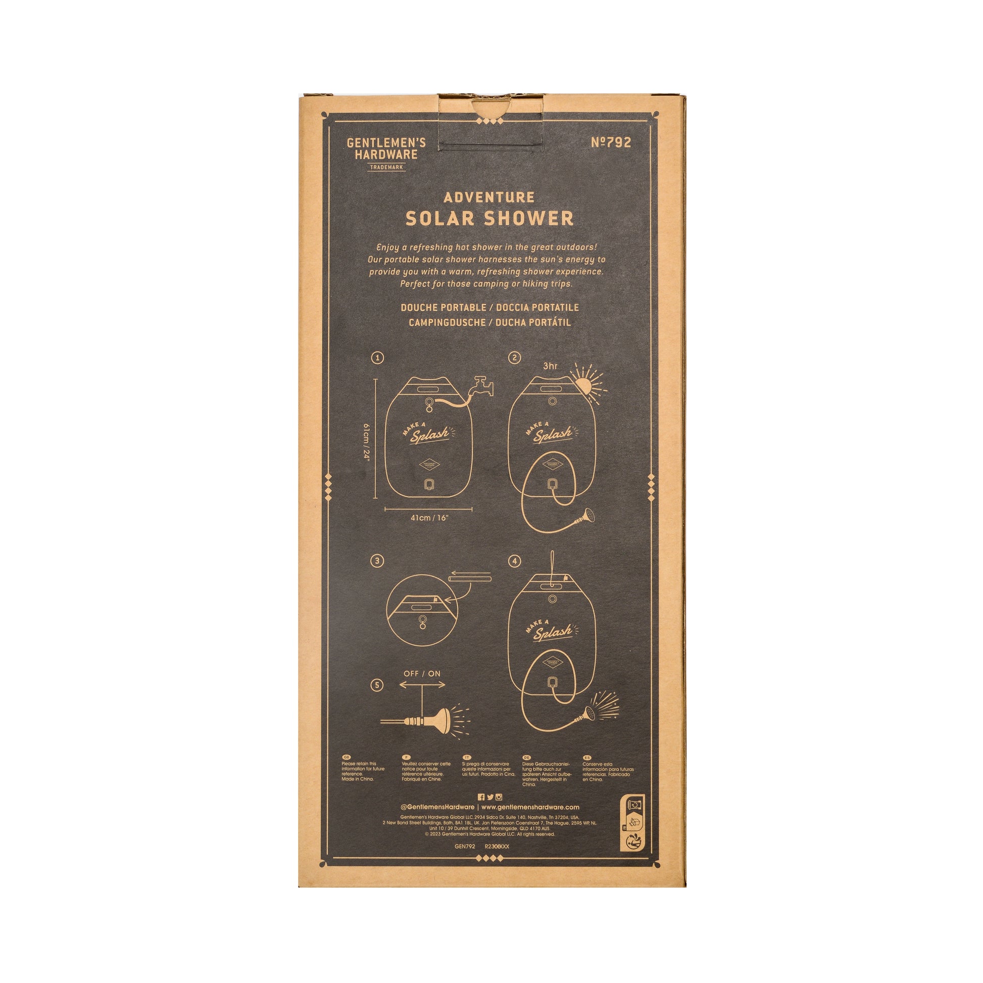 Rectangular cardboard box featuring instructions and diagrams for a Portable Solar Shower printed in white on the front—an ideal portable shower solution for your next camping trip.