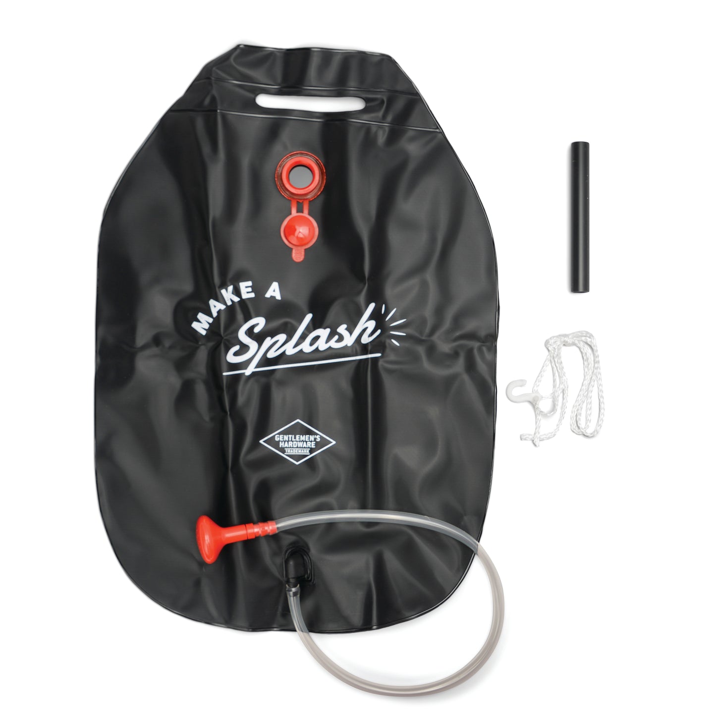 The Portable Solar Shower is a black water bladder with Make a Splash text, a red valve, hose, black tube, and white rope—ideal for camping. Displayed on a white background.