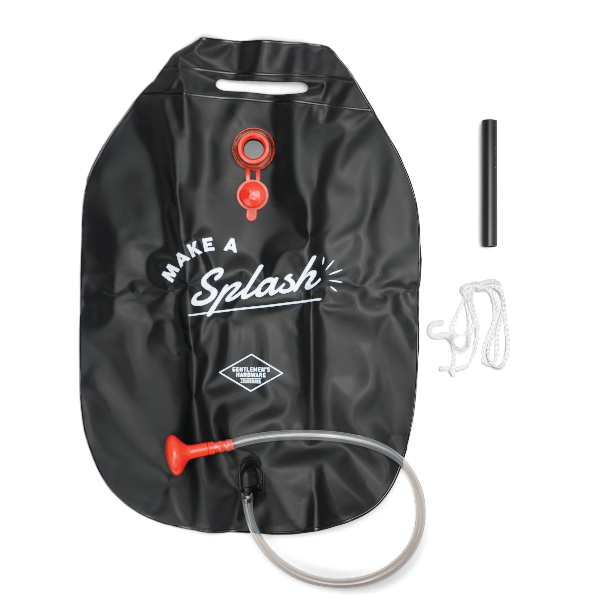 The Portable Solar Shower is a black water bladder with Make a Splash text, a red valve, hose, black tube, and white rope—ideal for camping. Displayed on a white background.