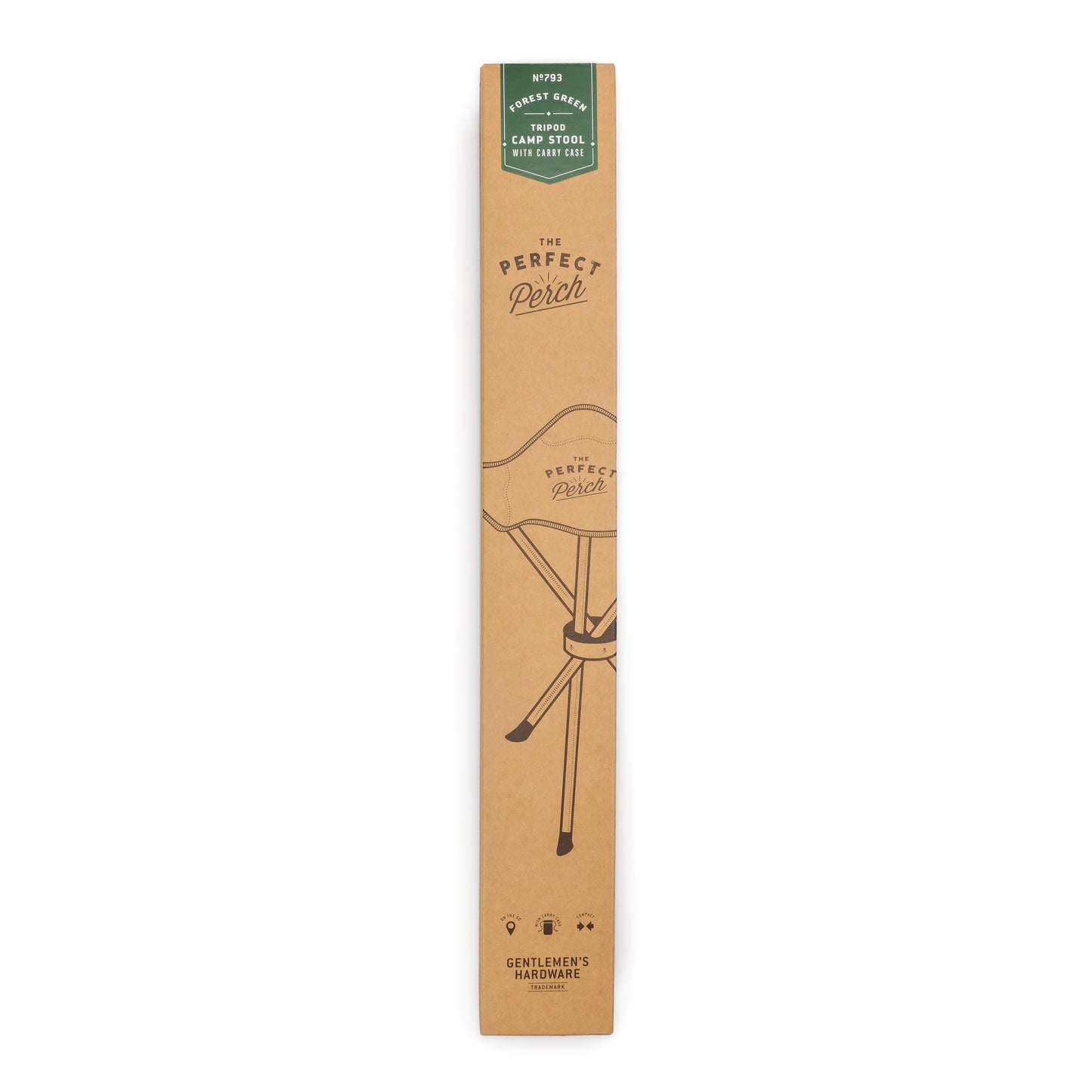 Rectangular cardboard box labeled Tripod Camp Stool, displaying an illustration of a compact stool with a tripod folding base and product details on the packaging.