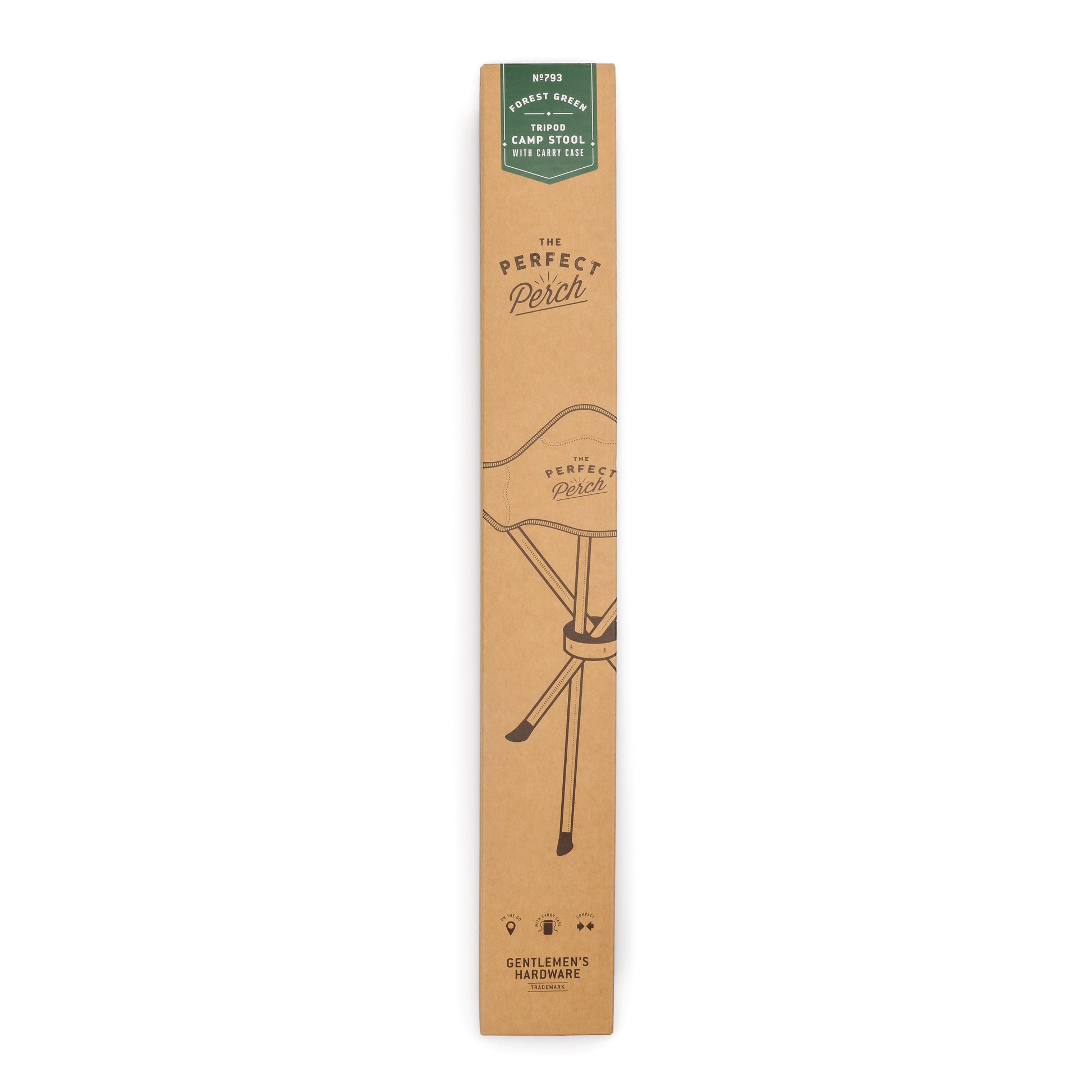 Rectangular cardboard box labeled Tripod Camp Stool, displaying an illustration of a compact stool with a tripod folding base and product details on the packaging.