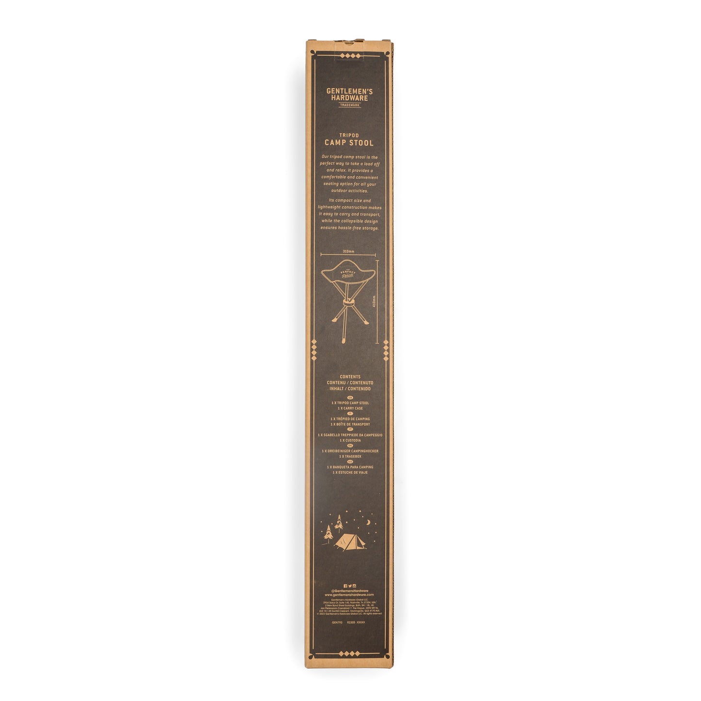 The Tripod Camp Stool comes in a tall, upright rectangular box with camping-themed graphics and product info in white on a dark background, showcasing its foldable tripod base for easy portability.