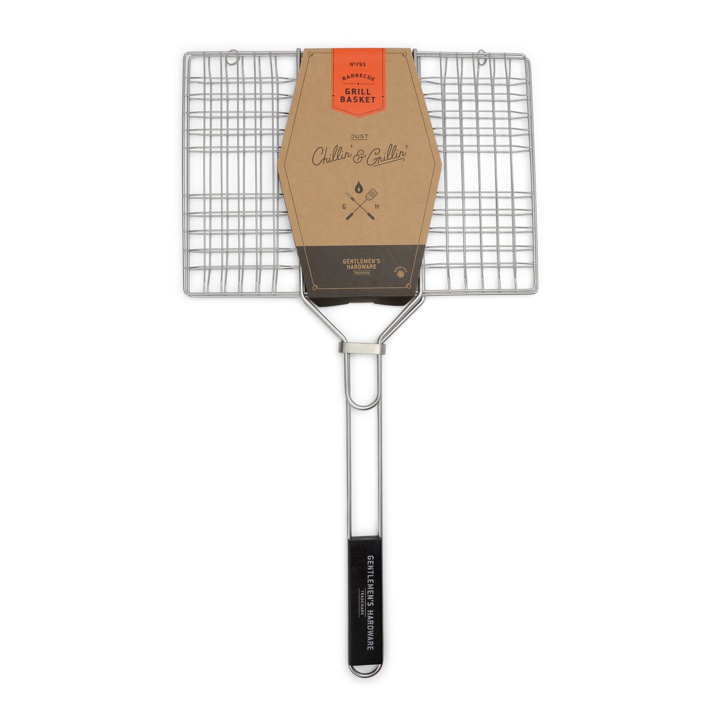The Barbecue Grill Basket features a chrome rectangular design with a black handle and a cardboard label, shown on a white background—ideal for enhancing your BBQ dishes.