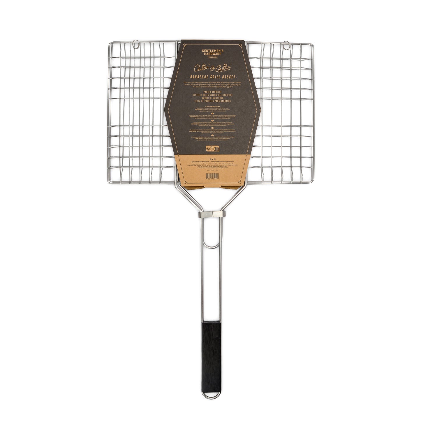 The Barbecue Grill Basket features a chrome finish, black handle, and center-attached packaging—ideal for enhancing your BBQ menu.