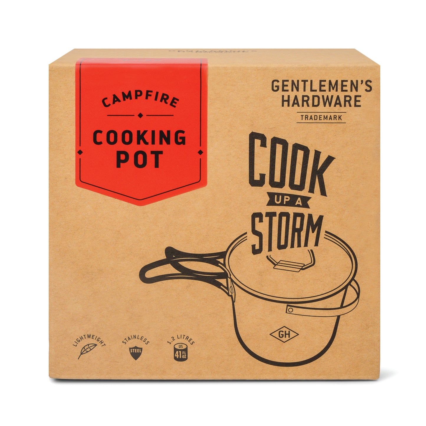 A brown Campfire Cooking Pot box by Gentlemen’s Hardware features a black line illustration of the stainless steel pot and “Cook Up a Storm,” ideal for wilderness cooking adventures.