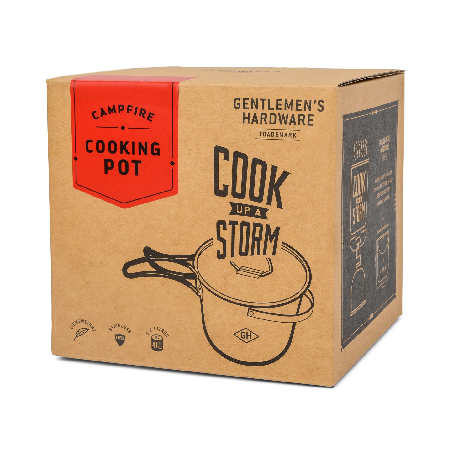 The Campfire Cooking Pot arrives in a cardboard box featuring product illustrations and the phrase “Cook Up a Storm”—an ideal stainless steel pot for wilderness cooking.