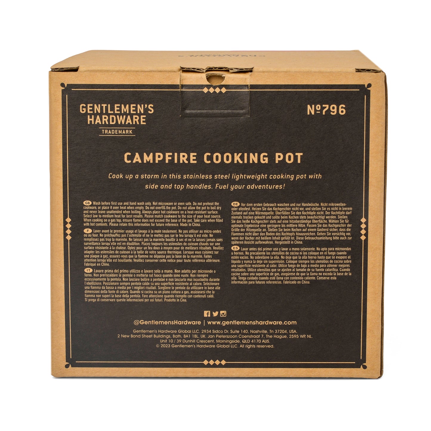 Brown cardboard box labeled Campfire Cooking Pot, ideal for wilderness cooking; includes product description and social media links printed on the back.