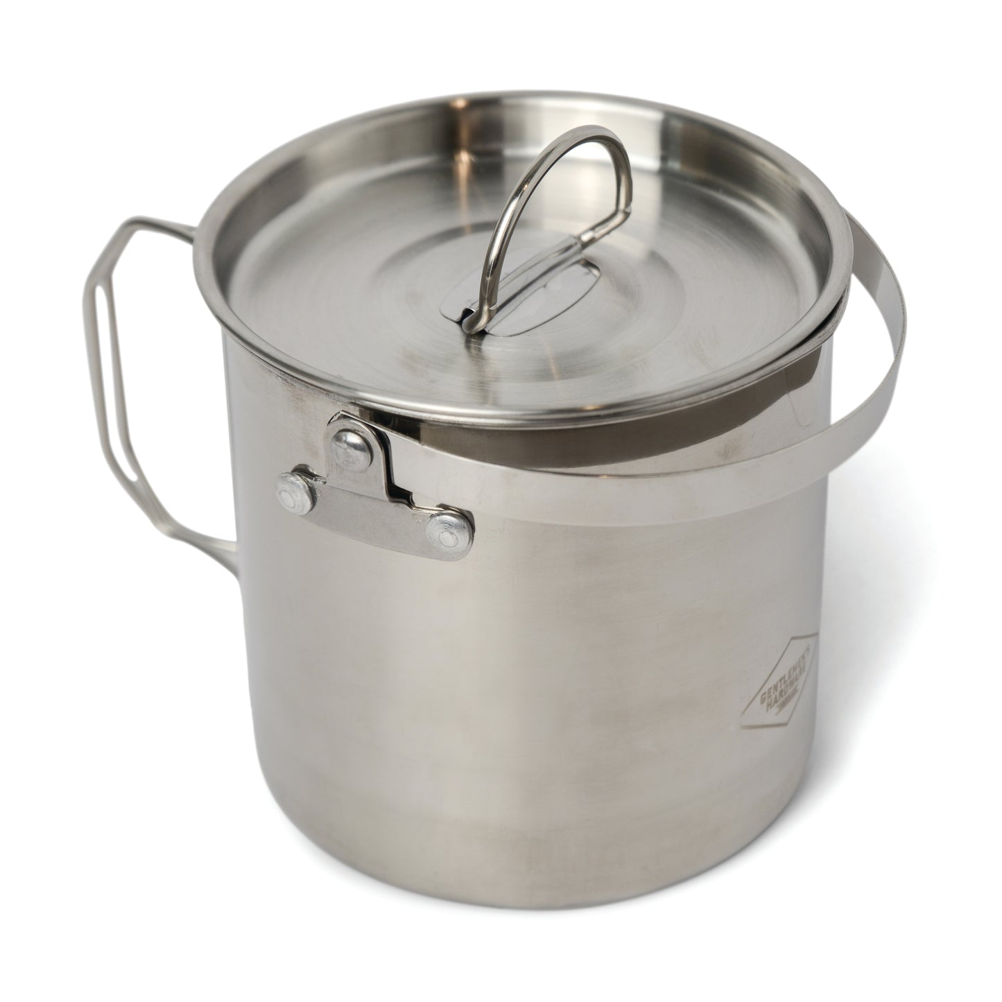 The Campfire Cooking Pot, made of stainless steel with a lid, side handle, and top handle, sits on a white background. This portable cookware is perfect for wilderness cooking and ideal for outdoor adventures.