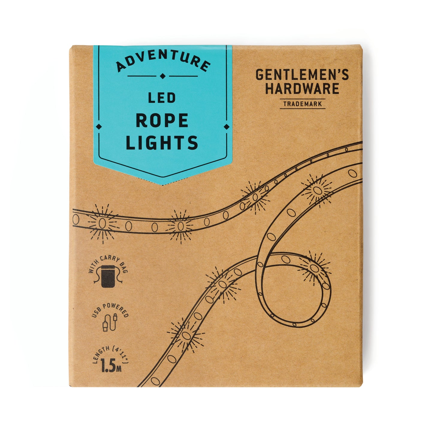 Brown packaging box labeled LED Rope Lights, featuring a black line illustration and product details. These USB-powered, portable rope lights are perfect for campsite lighting and outdoor adventures.