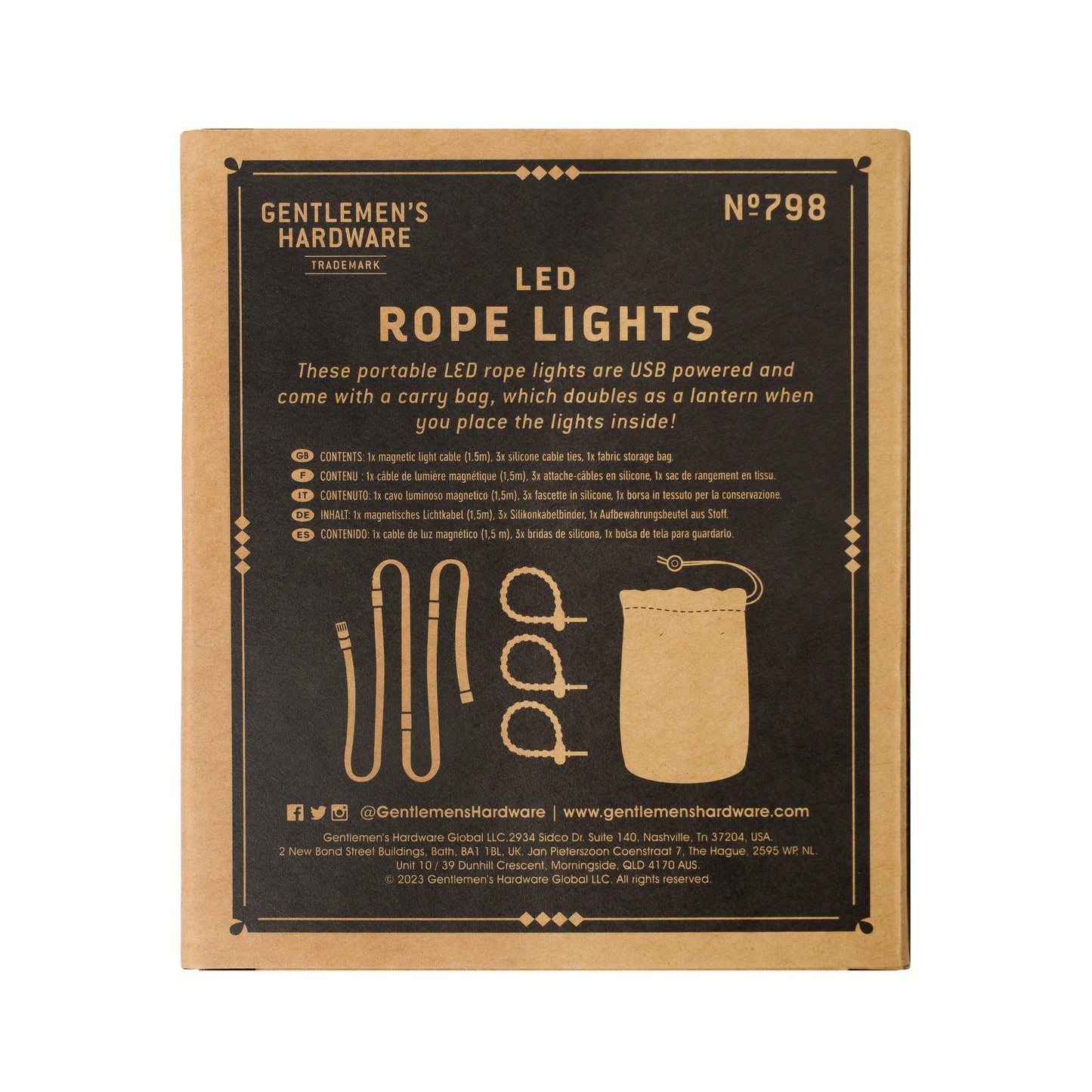 Brown packaging box for LED Rope Lights features black text, illustrations of the lights and carrying bag, lists contents, USB powered convenience, and campsite lighting tips on the front.