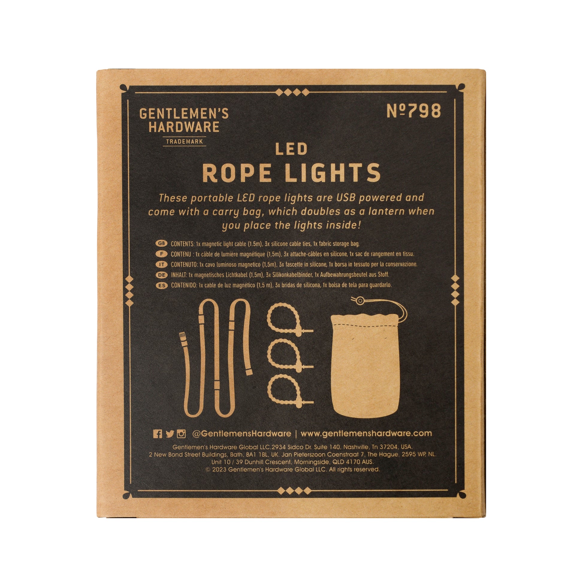 Brown packaging box for LED Rope Lights features black text, illustrations of the lights and carrying bag, lists contents, USB powered convenience, and campsite lighting tips on the front.