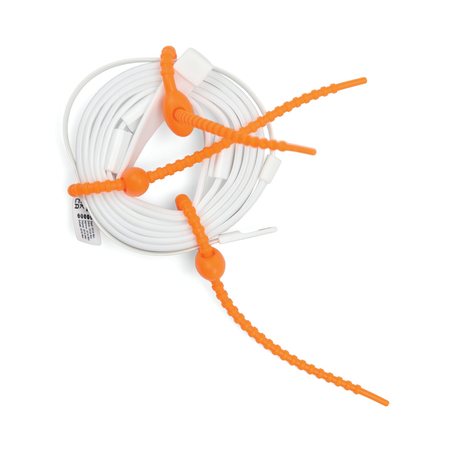 The LED Rope Lights, ideal for campsite lighting or as portable rope lights, are white and coiled with three orange flexible cable ties on a white background.