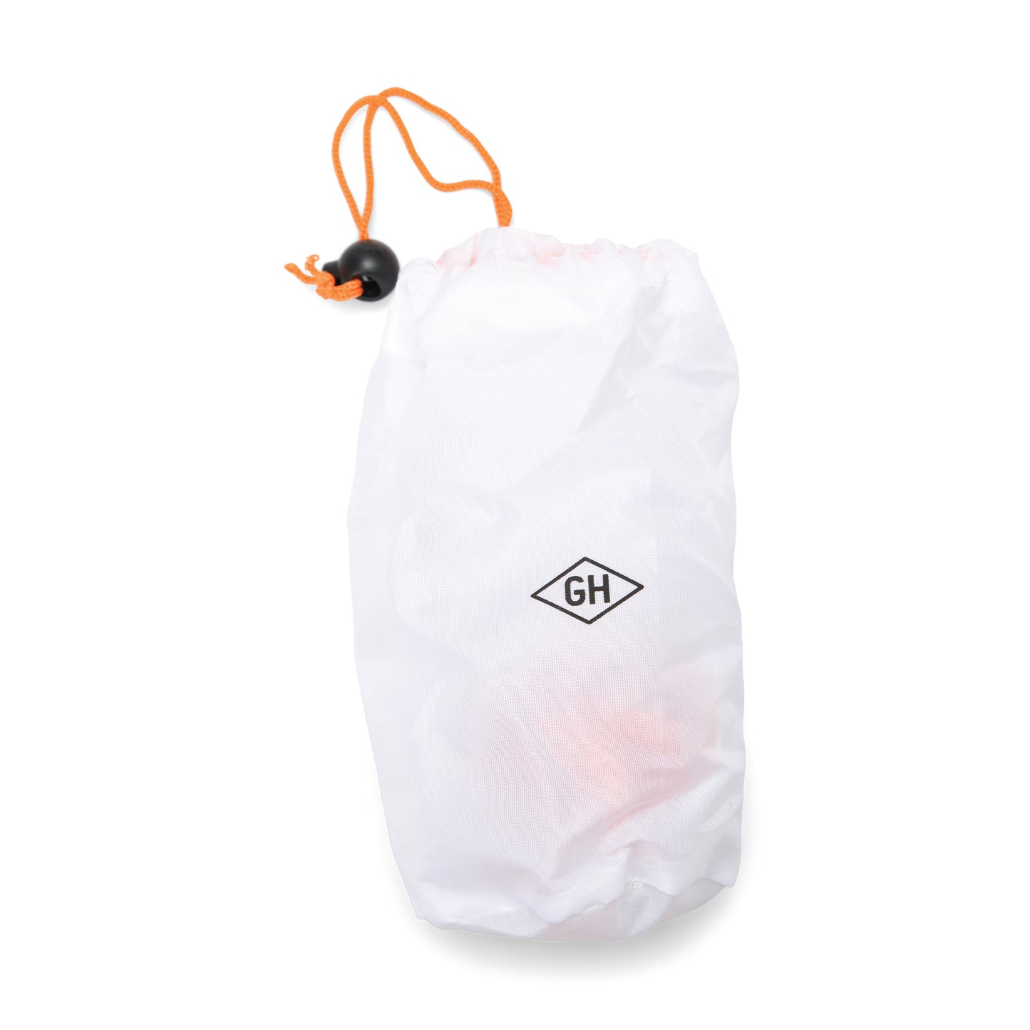 A white drawstring pouch with an orange cord, black toggle, and a diamond GH logo on the front—ideal for carrying your LED Rope Lights or other campsite lighting essentials.