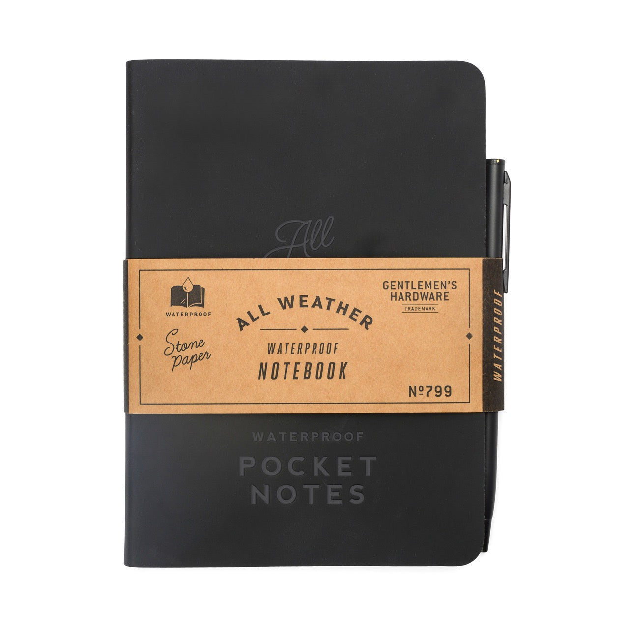 A black Waterproof Notebook with POCKET NOTES on the cover, wrapped in a brown All Weather Waterproof Notebook label, comes with a pen attached—ideal for durable, on-the-go note-taking.