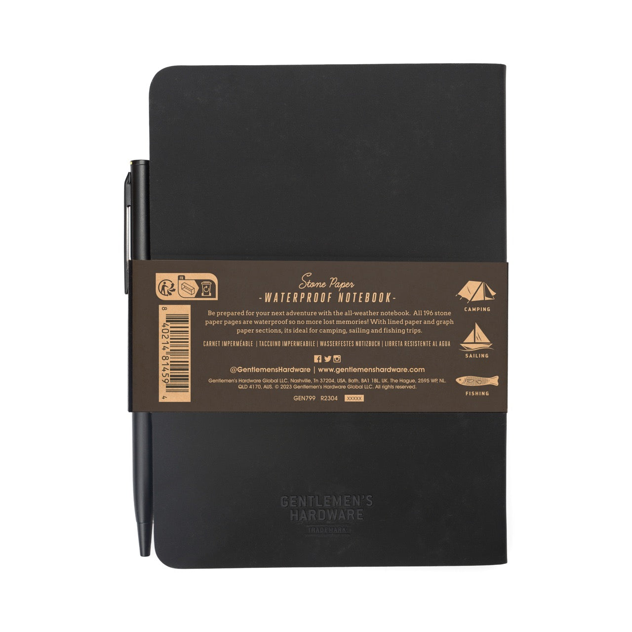 A Waterproof Notebook with a pen, bound by a brown paper band labeled Sierra Paper Waterproof Notebook by Gentlemens Hardware, is perfect for pocket notes anywhere.