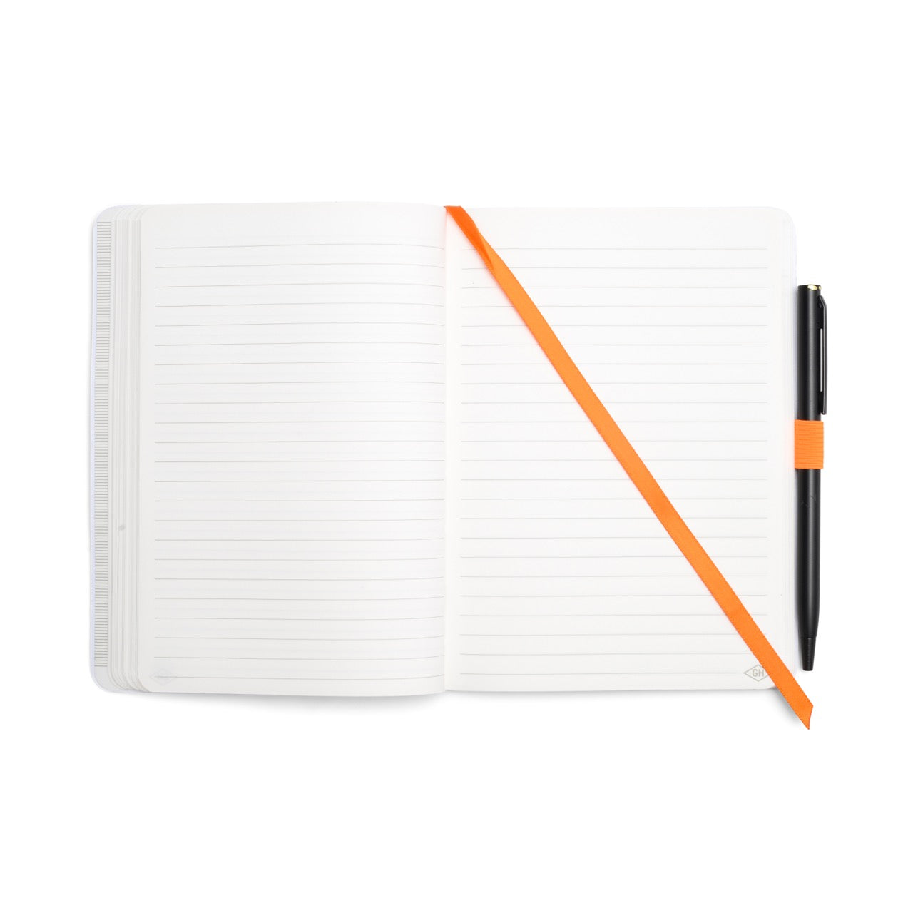 The Waterproof Notebook is an open lined stonepaper notebook with an orange ribbon bookmark and a black pen attached to the right—your ideal choice for pocket-sized, waterproof notes anywhere.