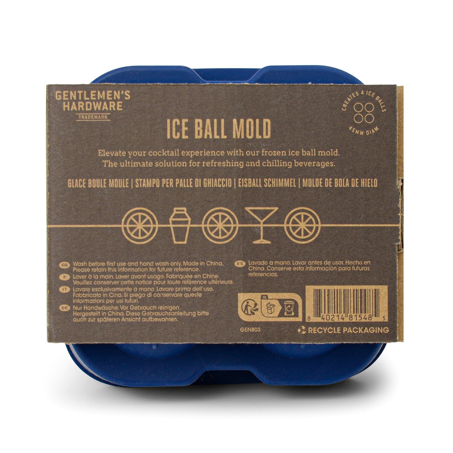 A blue Ice Cube Tray package labeled “Gentlemen’s Hardware Ice Cube Tray” features product details and instructions on a brown label—ideal for whisky lovers who want large ice cubes in their drinks.