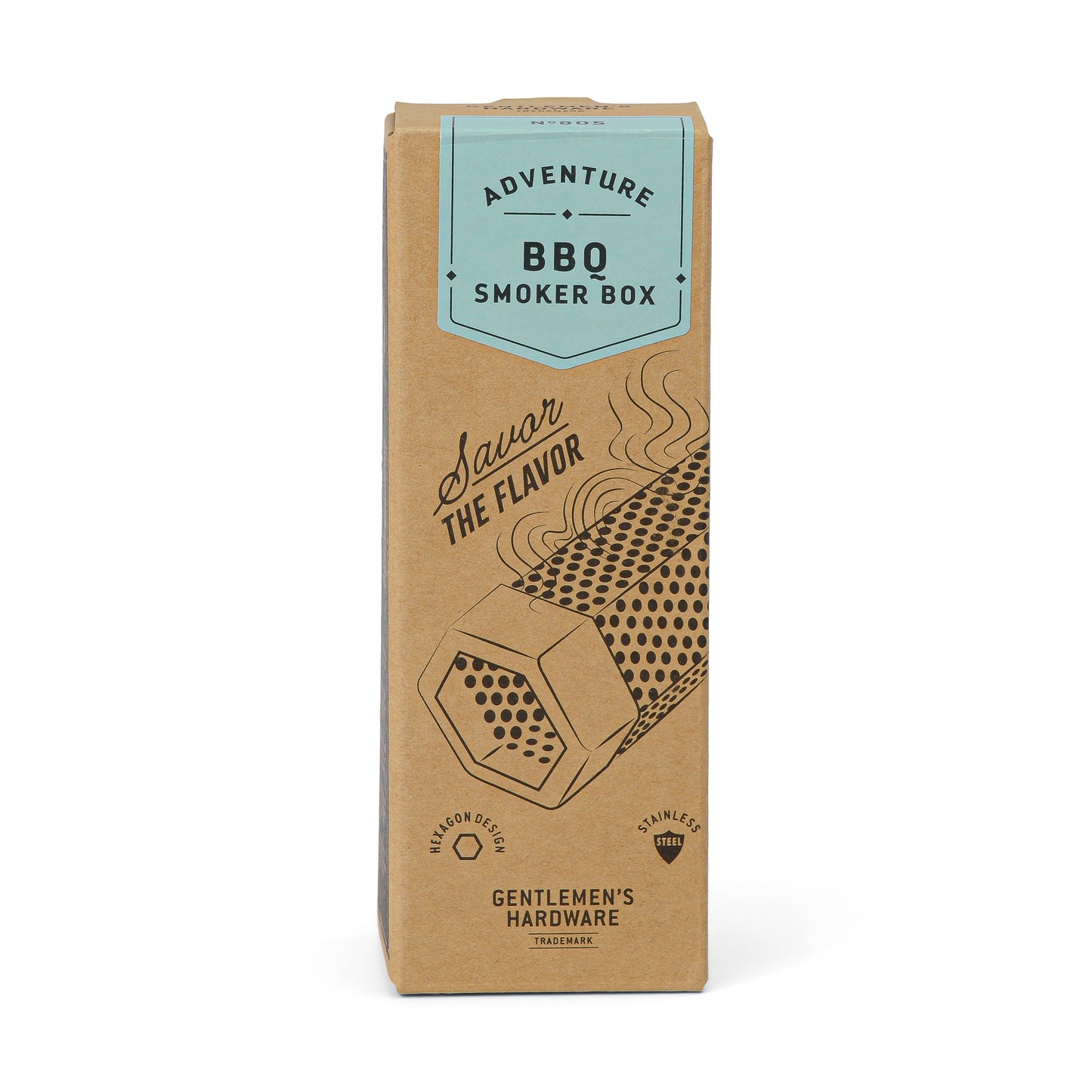 Brown cardboard packaging for the BBQ Smoker Kit, a premium stainless steel grilling accessory, features line drawings and text highlighting its benefits.