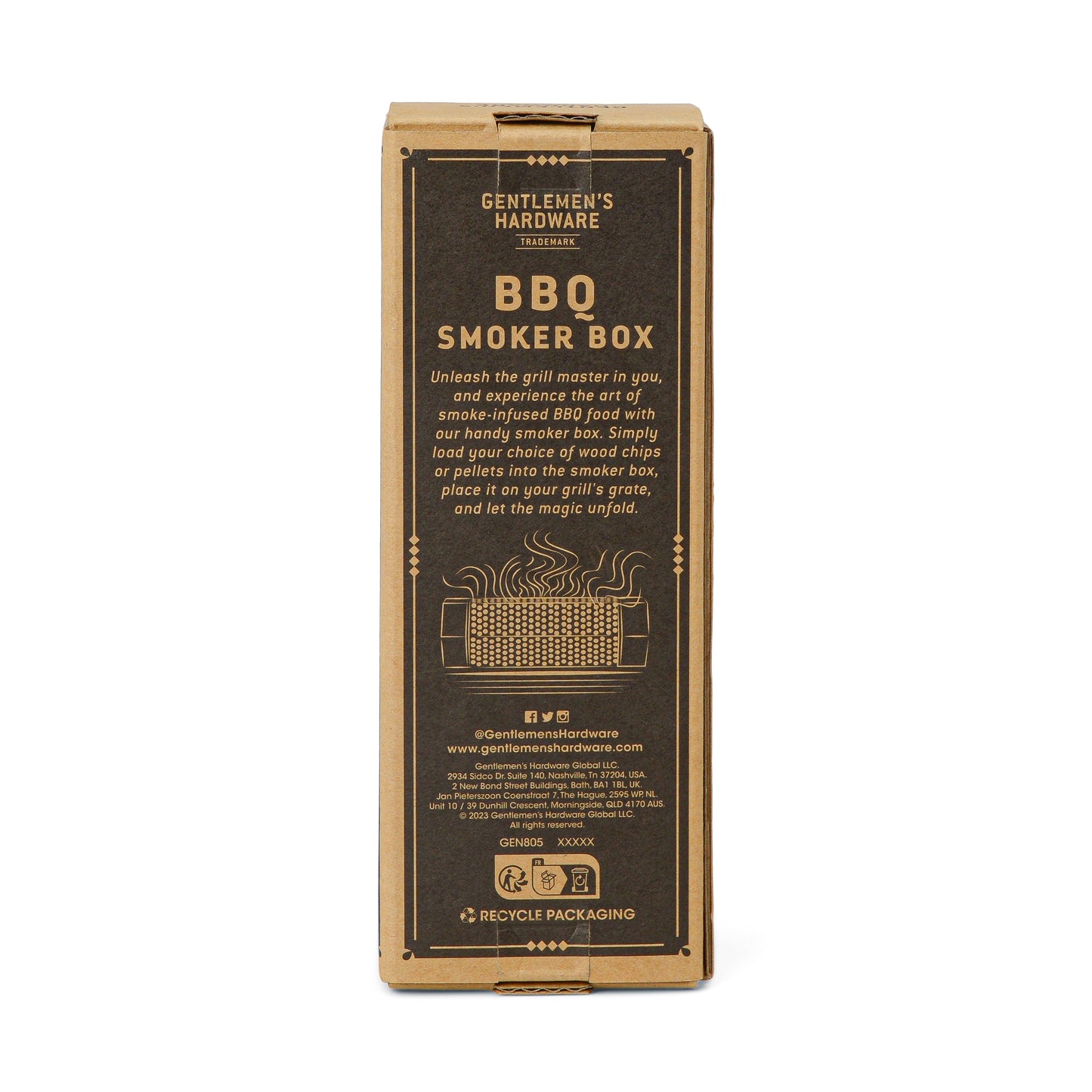A cardboard box labeled BBQ Smoker Kit from Gentlemens Hardware displays this stainless steel grilling accessory, featuring product details and a simple grill illustration on the front.
