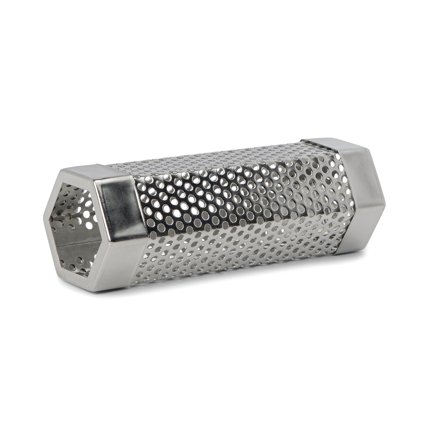 The BBQ Smoker Kit is a stainless steel hexagonal cylinder with perforated sides and solid hexagonal end caps, shown on a white background.