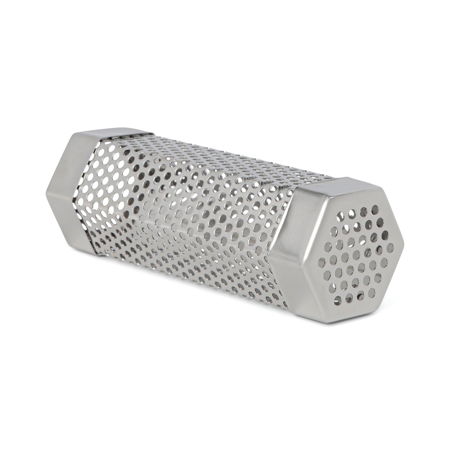 The BBQ Smoker Kit is a stainless steel hexagonal tube with perforated holes, similar to a smoker box or infuser. Shown on a plain white background, its the perfect grilling accessory for adding delicious smoky flavor.