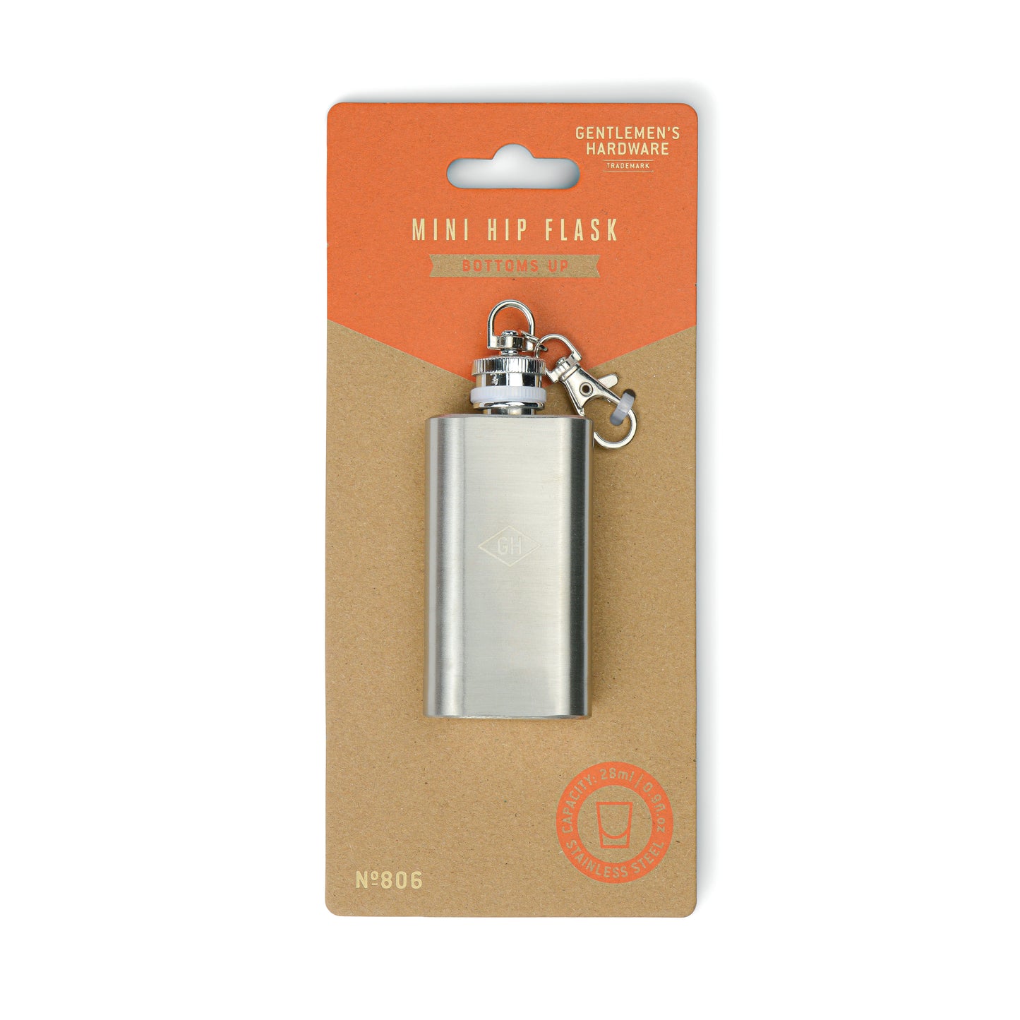 A compact stainless steel Mini Hip Flask with a keychain, packaged on brown and orange Gentlemens Hardware cardboard.