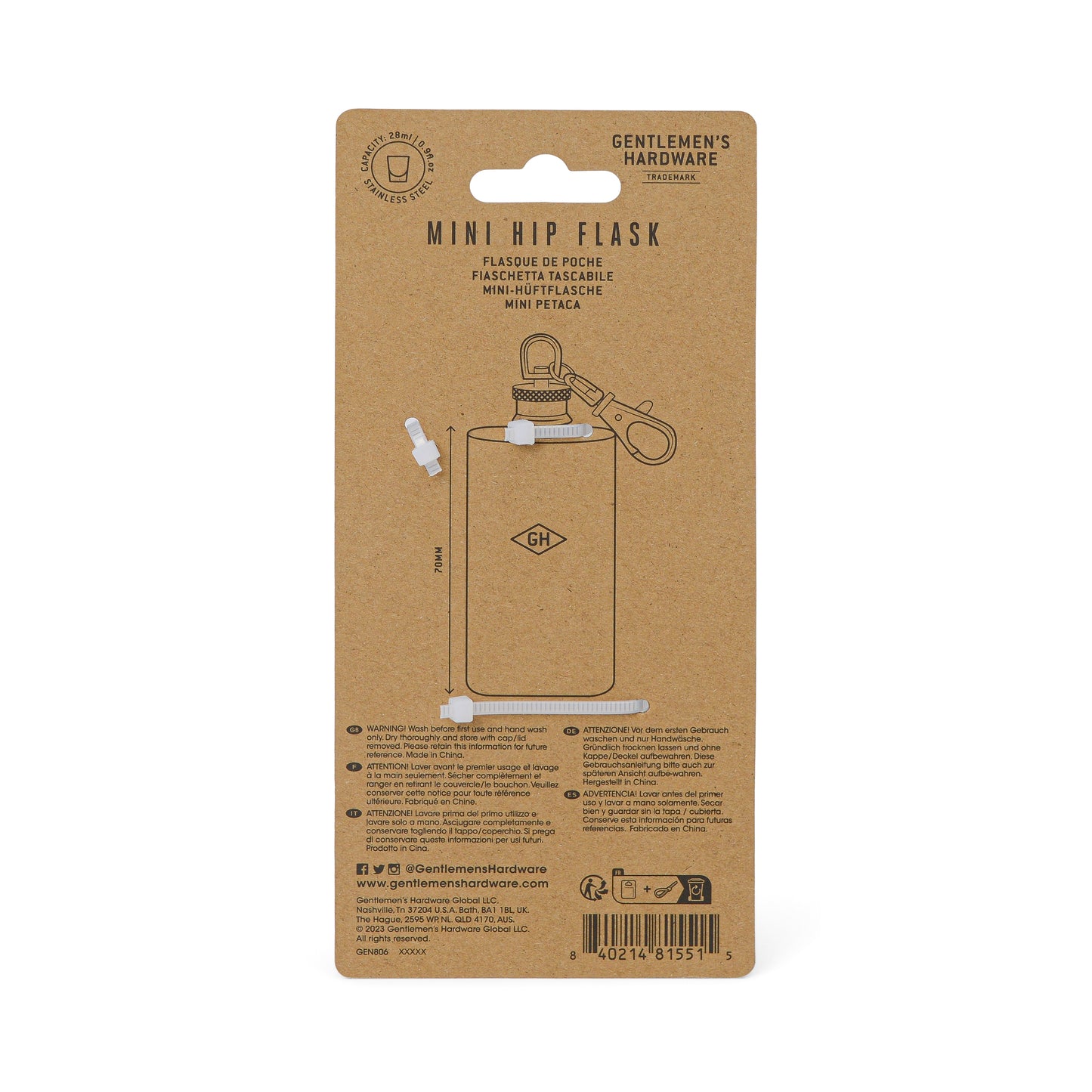 A brown cardboard package shows the Mini Hip Flask keychain flask with a carabiner, the Gentlemen’s Hardware logo, and product details in several languages.