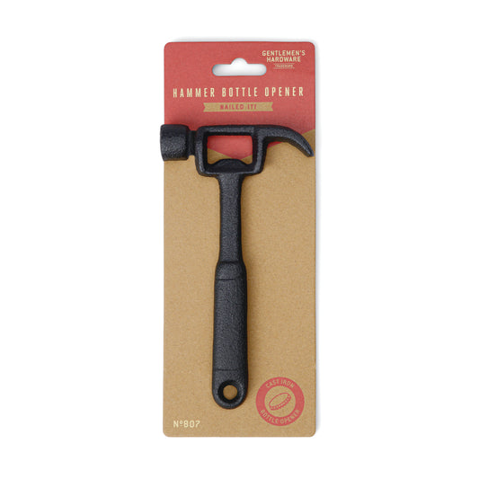 The Hammer Bottle Opener is shown in its packaging, labeled with its product name.