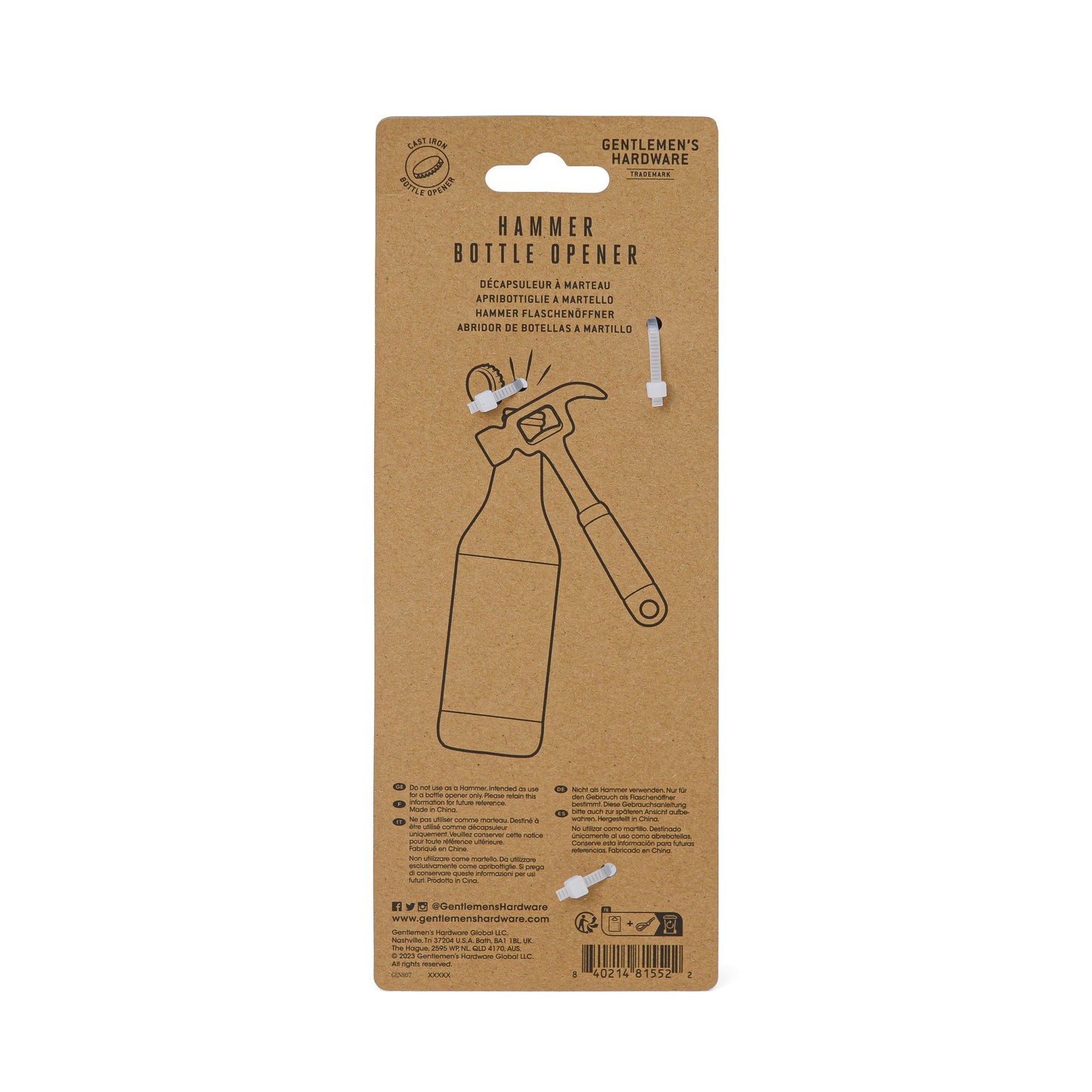 Brown cardboard packaging for the Hammer Bottle Opener, featuring simple bottle and tool illustrations with multilingual product description; made of durable cast iron for long-lasting quality.