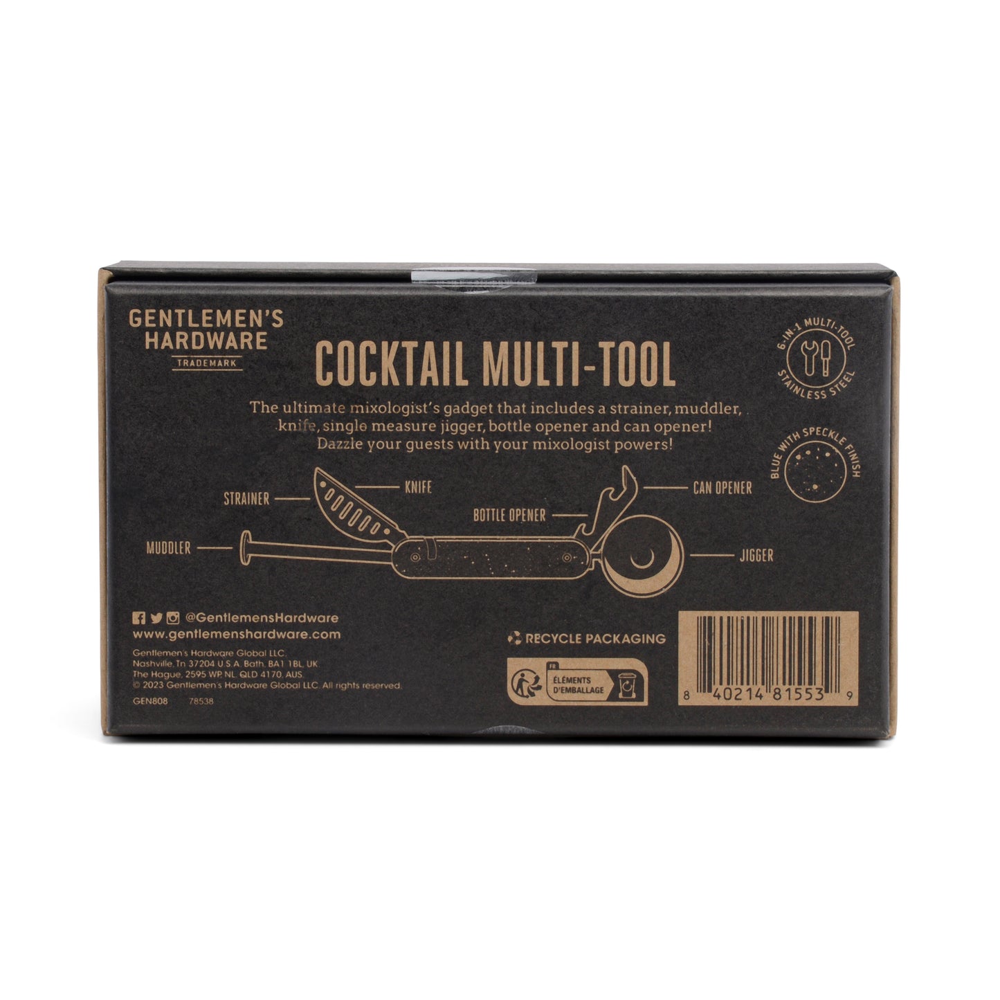 The Cocktail Multi-Tool by Gentlemen’s Hardware comes in a black box with illustrations and descriptions of its bartending functions: muddler, strainer, knife, jigger, bottle opener, and can opener.