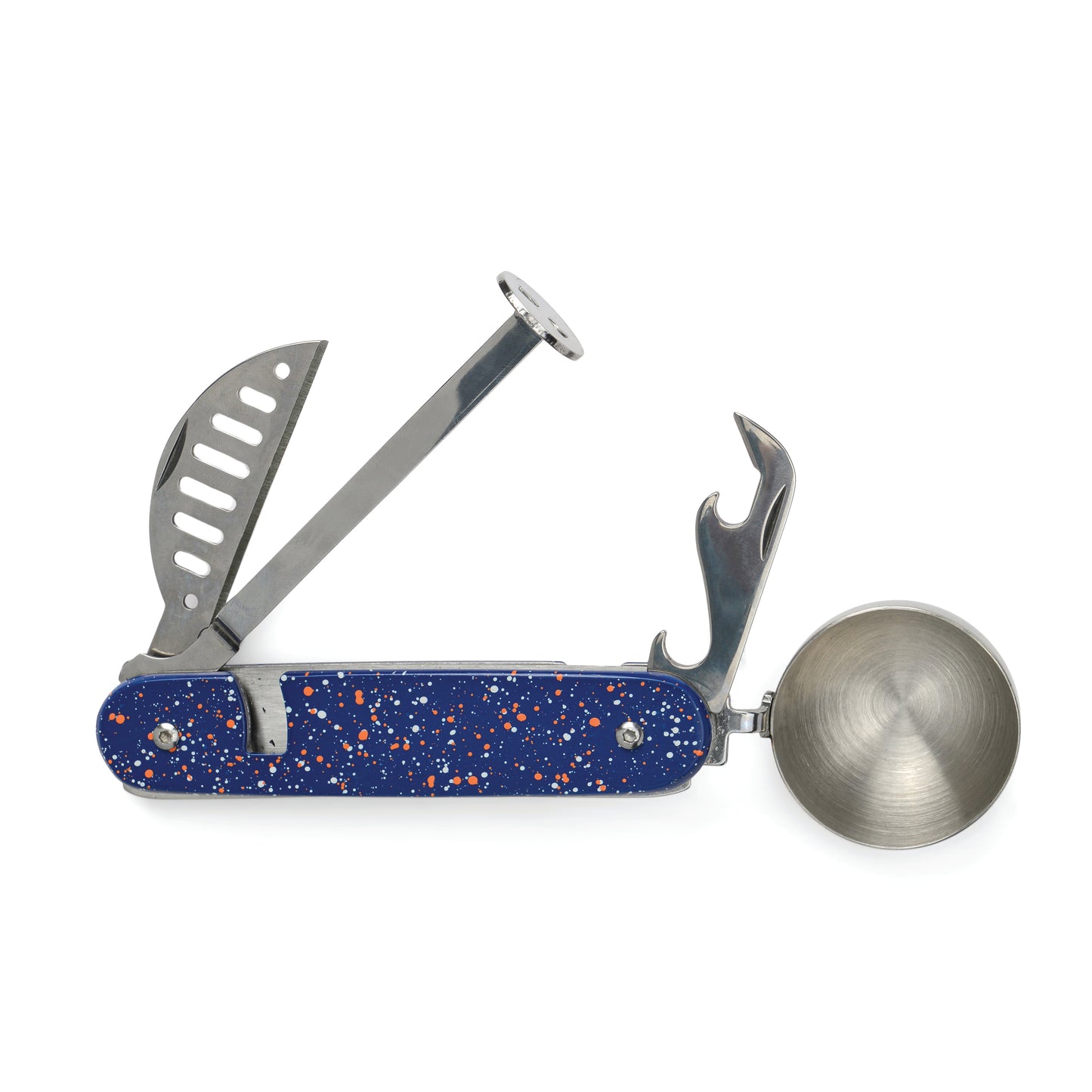 The Cocktail Multi-Tool features a cheese knife, bottle opener, corkscrew, and fold-out metal cup—ideal for camping or bartending on the go.
