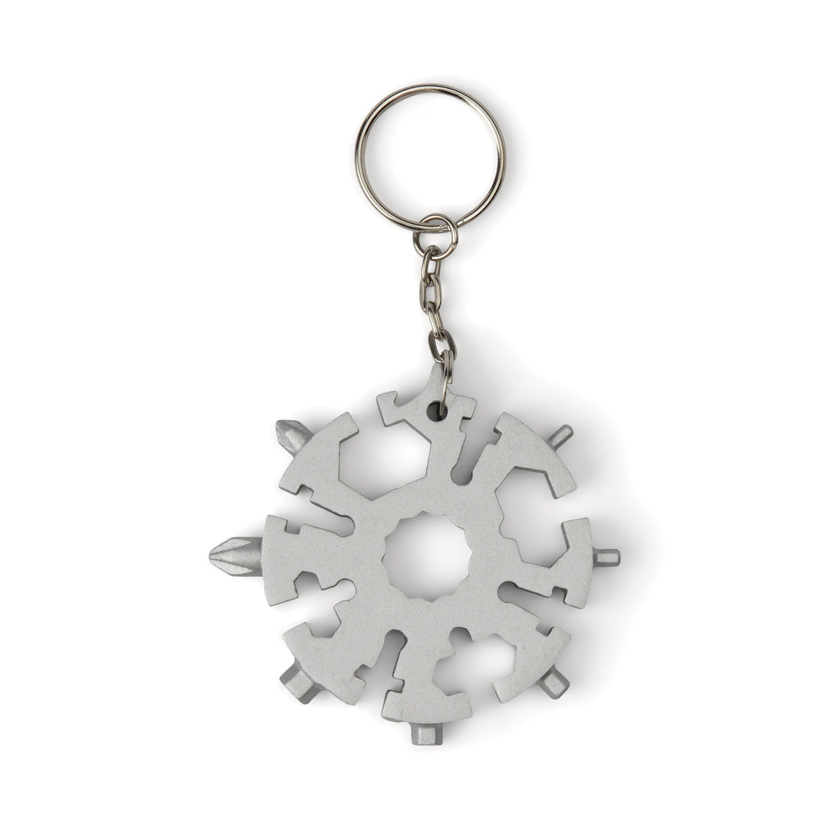 The Snowflake Tool is made of durable stainless steel and offers multiple tool functions around its edges, all attached to a convenient keychain.